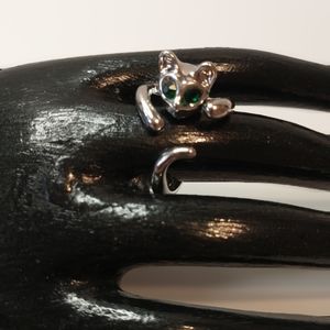 Cat green eyed wrap ring silver tone size 8 playfully kitty